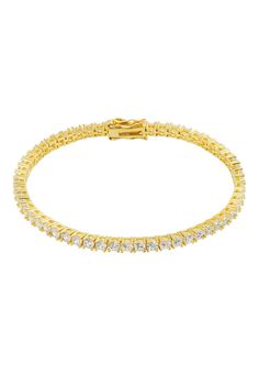 Illuminate your look with our Simulated Diamond Tennis Bracelet in Gold. Crafted from high-quality 925 sterling silver and plated in luxurious 18ct gold, this exquisite bracelet features simulated diamonds that sparkle brilliantly along its entire 17.5cm length. Each stone is meticulously set to maximize its shine, offering an elegant touch to any outfit. The bracelet is equipped with a secure tongue and box fastening, ensuring it stays in place with ease. With a 3mm depth and a lightweight desi Gold Sterling Silver Jubilee Bracelet With Cubic Zirconia, Elegant Gold Sterling Silver Bracelet With Cubic Zirconia, Gold Sterling Silver Bracelet With Cubic Zirconia, Formal Gold Sterling Silver Bracelet With Cubic Zirconia, Gold Chain Bracelet With Brilliant Cut Cubic Zirconia, Gold Sterling Silver Bracelet With Cubic Zirconia For Anniversary, Classic Gold Plated Round Tennis Bracelet, Classic Gold Plated Tennis Bracelet, Formal Gold Plated Tennis Bracelet