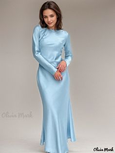 Olivia Mark - Satin Long Sleeve Elegant Maxi Dress with Stylish Mermaid Hem Floral Spaghetti Strap Dress, Mock Wrap Dress, Revealing Dress, Satin Long Sleeve, Elegant Maxi Dress, Daily Dress, Types Of Skirts, Spaghetti Strap Dresses, Stylish Dresses