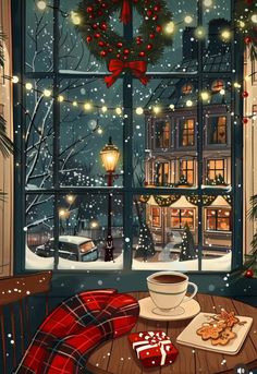 a christmas scene with a cup of coffee and cookies on a table in front of a window