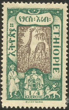 a stamp with an image of people and animals in the forest, on top of a green