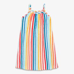 From backyard BBQs to poolside picnics, there’s a bright rainbow stripe on this dress for all the places kids will wear it this season. Breezy, breathable, lightweight, and the easiest one-and-done outfit to keep them cool on sweltering days. Fabric: 100% cotton gauze; made with 3 layers of gauze for extra softness and durability. Pre-washed to minimize shrinkage. Feel: Soft and breezy. Learn more. Fit: Loose and flowy; knee length; side pockets for ice cream money and shells. Striped Sundress For Beach, Striped Beach Sundress, Summer Beach Dresses With Vertical Stripes, Playful Striped Summer Dresses, Multicolor Cotton Sundress For Beach Season, Striped Sundress For Vacation, Striped Cotton Sundress For The Beach, Striped Sleeveless Sundress For Vacation, Casual Multicolor Vertical Stripe Dresses