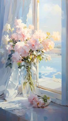 a painting of pink flowers in a vase on a window sill by the ocean