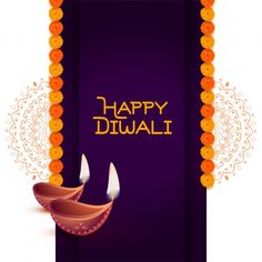 happy diwali greeting card with two candles on purple and orange background for diwali festival