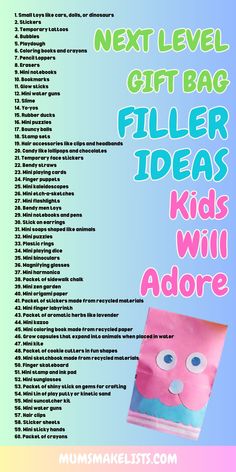 List of 60 gift bag filler ideas for kids' birthday parties, plus image of cute party bag. Birthday Party Gift Bags For Kids, Gift Bags Ideas What To Put In, Filler Ideas