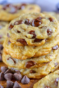 chocolate chip cookies stacked on top of each other