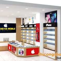 an apple store is shown with many items in the display case and on the wall