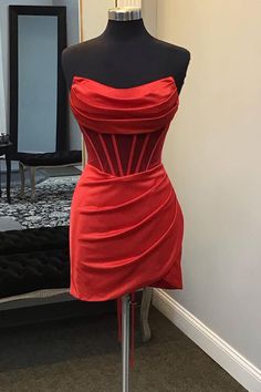 Red Silk Cocktail Dress, Red Short Corset Dress, Prom Dresses Red Short, Strapless Red Dress Short, Red Backless Dress Short, Red Corset Dress Short, Red Strapless Mini Dress, Corset Hoco Dresses, Red Strapless Dress Short