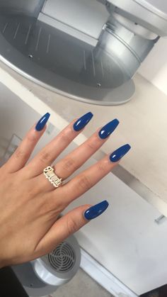 Best Nails To Get At Salon, Blue Ash Nails, Coffin Nails One Color, Rhegan777 Nails, Dark Coffin Acrylic Nails, Dark Blue Nails Acrylic Coffin, Coffin Dark Blue Nails, Ash Blue Nails, Bold Color Nails