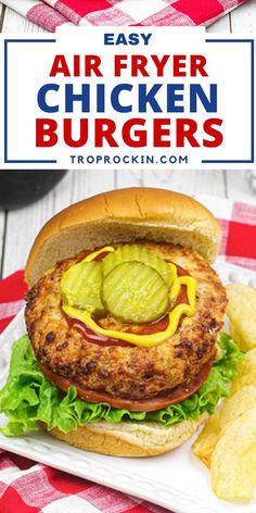 an air fryer chicken burger with lettuce and pickles on the side