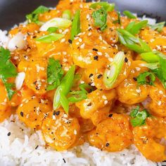 a plate filled with rice and shrimp on top of it's side, topped with green garnishes