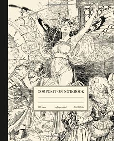 the cover of composition notebook, with an illustration of a woman surrounded by other people