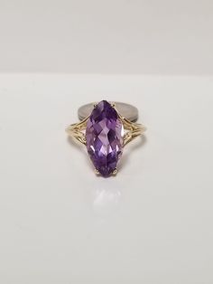 "Thanks for shopping our vintage estate store. We tend to sell well below wholesale and truly hope you enjoy all of our items. Many of the items are one of a kind, so please enjoy scrolling through the pictures and hopefully something will catch your eye. Brown spots are from camera or reflections. Estate 10k yellow gold natural amethyst 6ct marquise cut gem ring. Nice vintage ring, one that you will love. Gem is testing natural amethyst. Ring size: 8 Setting: 8mm 3/8\" by 5/8\" Band width: 1.5m Gem Ring, Brown Spots, Hair Pin, Vintage Ring, Amethyst Ring, Birthstone Ring, Vintage Rings, Hair Pins, Birthstone