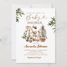 a baby shower card with an image of a horse, christmas tree and potted plant