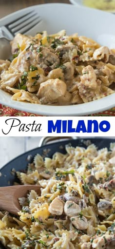 two pictures of pasta with mushrooms and cheese