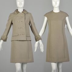 "Here's a very smart and matching 2 piece set consisting of a dress and jacket. The jacket collar and cuffs feature Persian lamb details. Some may say this is  a Jackie O style set. Fully lined dress and jacket, this set is ready for a fall evening out. Condition: Very Good Condition Details: There is minor fur thinning around the edges of the cuffs and back edge of the collar. These issues are not obvious, the outfit presents beautifully! Size Marked: Small Approximate Size: Unmarked **Please Check Measurements to be Sure! Textile: Blend Lining Type: Fully Satin Lined Closure:  Dress: Back Zip  Jacket: Button  Label: Jean Chess Era: 1960s Measurements- Dress- Collar to Cuff:  8\" Chest/Bust:  36\" Waist:  32\" Hips:  38\" Length:  36\" Jacket- Shoulder to Shoulder: 15\" Shoulder to Cuff: Faux Fur Trim Jacket, Fur Trim Jacket, Persian Lamb, Jackie O Style, Fall Evening, Tan Jeans, Jacket Collar, Dress Collar, Dress And Jacket