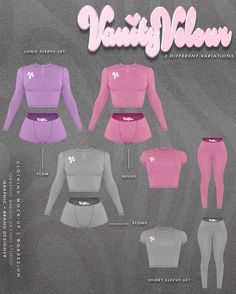 the various types of clothing are shown in pink, purple and grey colors on a gray background