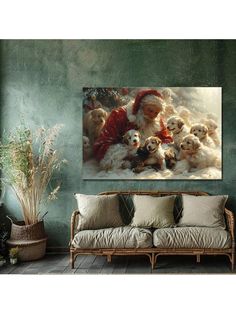 a living room with green walls and a painting on the wall depicting santa claus surrounded by puppies