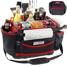 a cooler bag filled with drinks and condiments