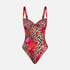 Unleash your wild side with our Leopard & Floral Lace-Up Swimsuit. This stunning one-piece features a bold mix of leopard and floral prints, perfect for making a statement at the beach or pool. The underwire design provides excellent support and shape, while the removable shoulder straps offer versatile styling options. The lace-up front adds a touch of allure and allows for a customizable fit. Fully lined for added comfort and coverage, this swimsuit ensures you feel confident all day long. Mad Leopard Print Beachwear Swimwear For Sunbathing, Summer Leopard Print Swimwear For Poolside, Leopard Print Beachwear Swimwear For Summer, Leopard Print Beachwear For Sunbathing, Leopard Print Sleeveless Swimwear For Summer, Red One-piece Swimwear With Floral Print, Leopard Print Beachwear For Poolside, Fitted Leopard Print Swimwear For Beach, Red Floral One-piece Swimwear