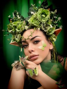 Elf Flower Crown, Flower Crown Green, Forest Fairy Costume, Midsummer Festival, Fairy Flower Crown, Mother Nature Costume, Fairy Headband, Nature Crown, Fairy Costume Diy