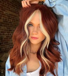 Red And Blonde Halo Hair, Red Hair With White Highlights, Strawberry Blonde With Money Piece, Split Hair Color, Bright Copper Hair, Dark Ginger Hair, Ginger Hair Dyed, 2024 Haircuts, Demon Prince