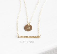 Gold Double Strand Initial Necklace/ Gold or by TheSilverWren Minimalist 14k Gold Filled Layered Necklace For Gift, Minimalist 14k Gold Filled Layered Necklace As Gift, Dainty Gold Bar Necklace In Sterling Silver, Dainty Sterling Silver Bar Necklace In Gold, Dainty Gold-toned Sterling Silver Bar Necklace, Layered Necklace Gold, Delicate Gold Necklace, Custom Initial Necklace, Silver Necklace Set