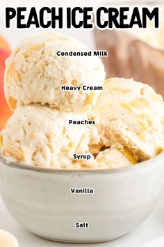 three scoops of peach ice cream in a bowl with the words peach ice cream