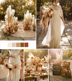 a collage of photos with flowers, feathers and other things in the background including a bride's dress