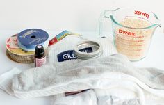 the ingredients for making an oatmeal smoothie laid out on a table