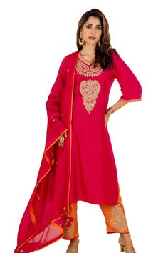 Rani pink kurta featuring dori hand embroidery in paisley and floral pattern. Paired with an embroidered orange pant and a pink dupatta. - Aza Fashions Embroidered Orange, Pink Dupatta, Pink Kurta, Rani Pink, Orange Pants, Kurta With Pants, Pants Pattern, Pant Set, Set For Women