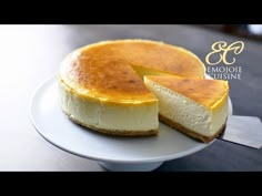 a cheesecake on a plate with a slice missing