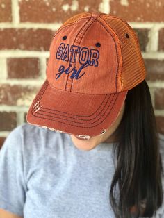 Gator Girl Trucker Hat, Gator Colors, Florida Pride, Embroidered Hat, Mother's Day, Adjustable Baseball Cap, Mesh Back Hat, Distressed Hat Orange Adjustable Trucker Hat With Curved Bill, Orange Trucker Baseball Cap One Size, Orange Trucker Hat With Curved Brim, Orange Trucker Hat, One Size Fits Most, Adjustable Orange Hat With Curved Bill, Adjustable Orange Trucker Hat, Adjustable Orange Hat With Letter Print, Trendy Orange Trucker Hat One Size Fits Most, Trendy Orange Trucker Hat One Size