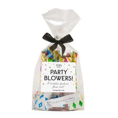 party blowers in a cello bag with black ribbon on the front and white background