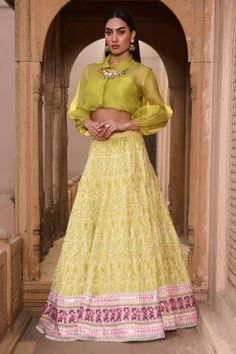 Shop for Dheeru Taneja Green Chanderi Samsara Shirt And Printed Lehenga Set for Women Online at Aza Fashions Lime Green Shirts, Print Lehenga, Printed Lehenga, Printed Embroidery, Beaded Neckline, Green Shirt, Hexagon Shape, Puffed Sleeves, Set For Women