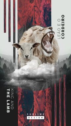 two sheep with their mouths open in front of a red and black background