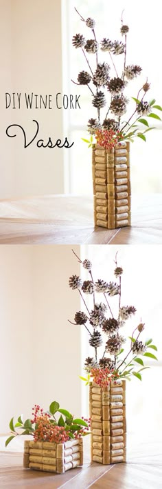 two pictures of vases made out of books with flowers in them and the words diy wine cork vases