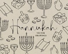 hand drawn hanukkah symbols and gifts for the jewish holiday, including menorah