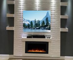 a television mounted on the side of a wall with a fire place in front of it