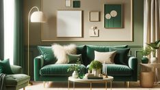 a living room with green couches and pictures on the wall above them, along with other furniture