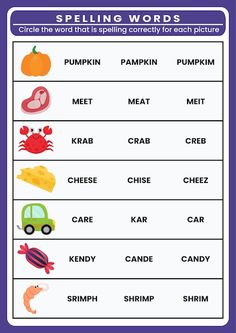 the worksheet for spelling words in english and spanish, with pictures of different types of