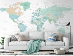 Murwall Map Wallpaper Political World Map Wall Mural Green Map Wallpaper White Map Wall Mural Living Room Cafe Theme, Peel N Stick Wallpaper, World Map Mural, Map Wall Mural, Detailed World Map, Map Murals, Living Room Themes, Green World, World Map Wallpaper