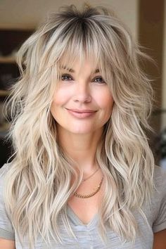 Unique Hairstyles for Women Over 60: Elegant & Timeless Haircuts - VibeMoose Long Shag For Curly Hair, Long Hairstyles Long Bangs, Long Blonde Shag With Curtain Bangs, Long Hair With Shaggy Layers, Boho Shag Haircut, Long Hair Shag Haircut, Boho Over 50, Shag Hairstyles Long