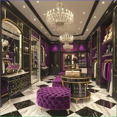 a purple and black closet with chandelier, stools, and other items