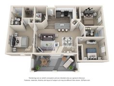 the floor plan for a two bedroom apartment with an attached kitchen and living room area