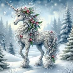 a white unicorn standing in the middle of a snowy forest with christmas decorations on its mane