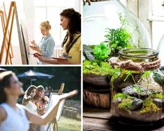 there are pictures of people doing different things in the house and on the ground, including plants