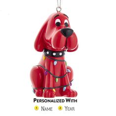 a red dog ornament with christmas lights on it's collar and name