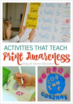 activities that teach print awareness at home with pictures and words on the wall, including writing