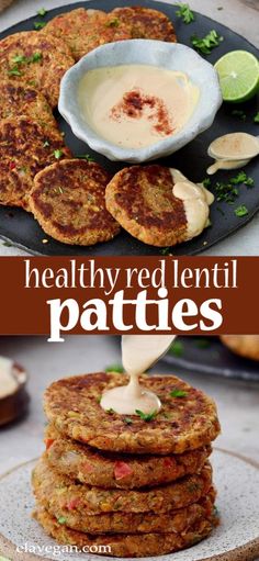 red lentil patties on a plate with dipping sauce in a bowl and another photo