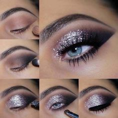 Glitter Eye Makeup Tutorial, Eyeliner Smokey, Silver Glitter Eye Makeup, Eye Makeup Glitter, Almond Eye Makeup, Silver Eye Makeup, Glitter Eye